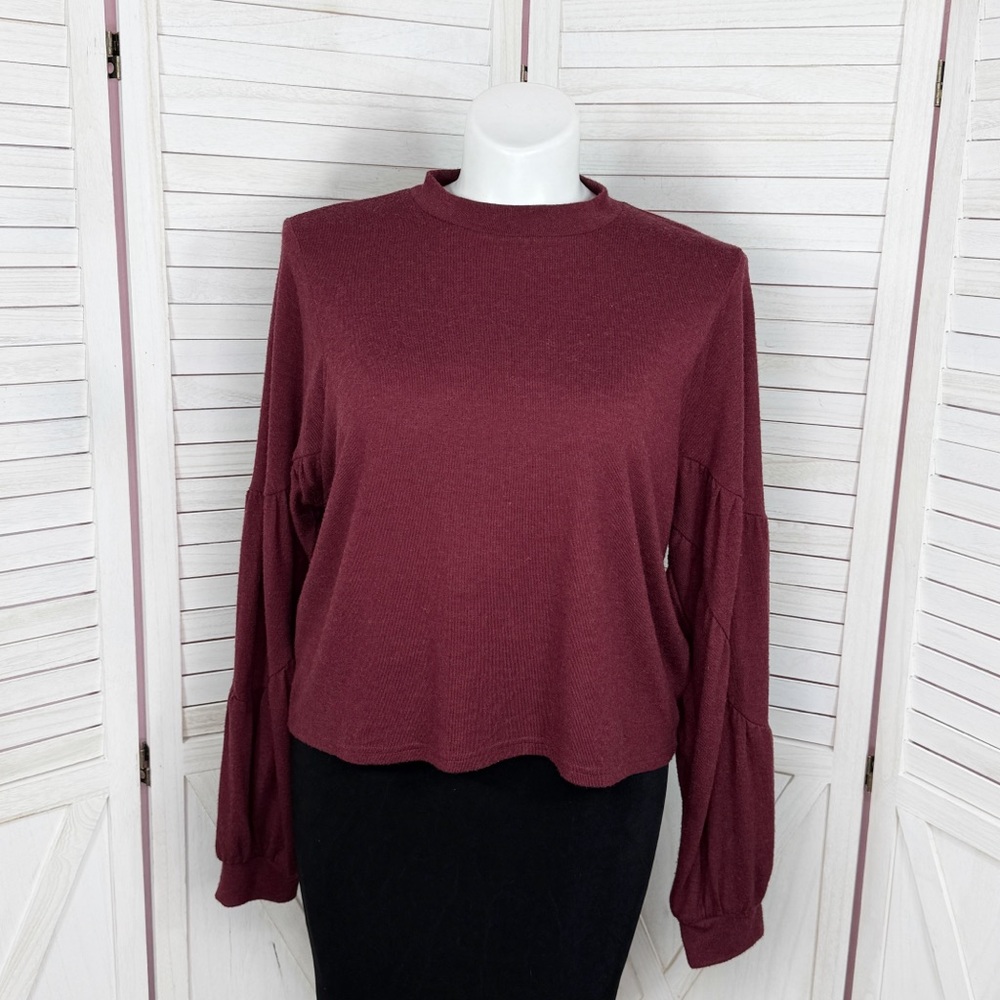 Yakira Bella Tiered Billow Sleeve Mock Neck Knit Top Burgundy‎ Red Large